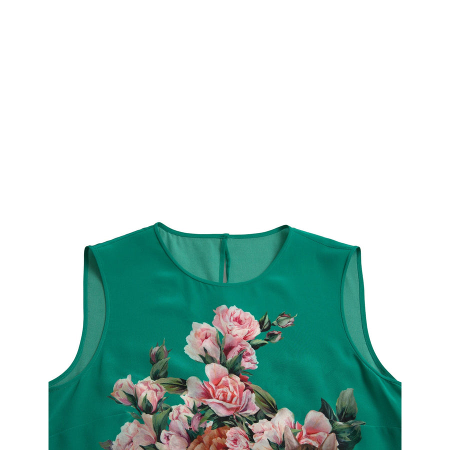 Dolce & Gabbana Green Floral Cat Silk Round Neck Tank Top