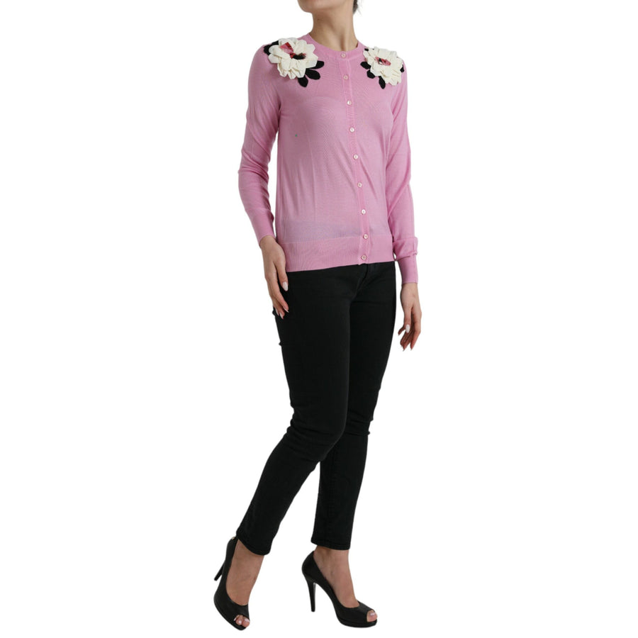 Dolce & Gabbana Pink Floral Crew Neck Button Cardigan Sweater