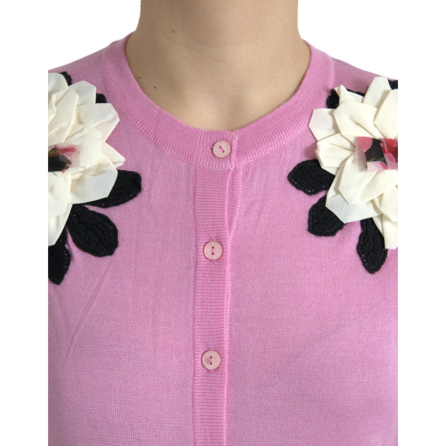 Dolce & Gabbana Pink Floral Crew Neck Button Cardigan Sweater