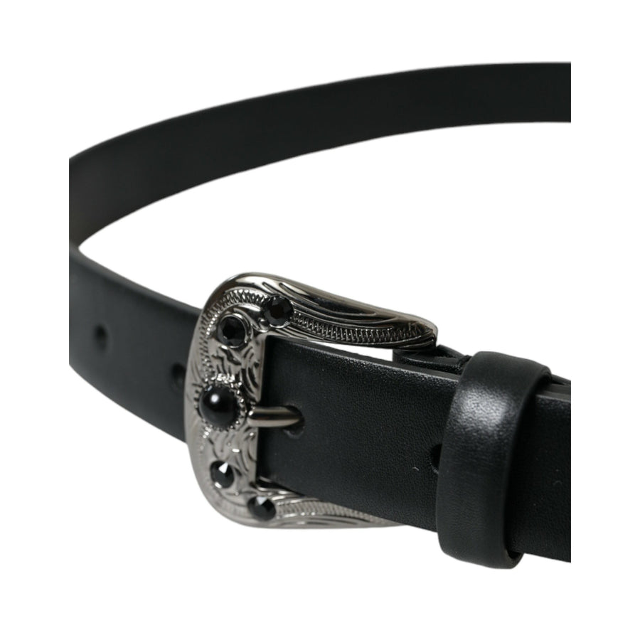 Dolce & Gabbana Black Embellished Leather Engraved Buckle Belt