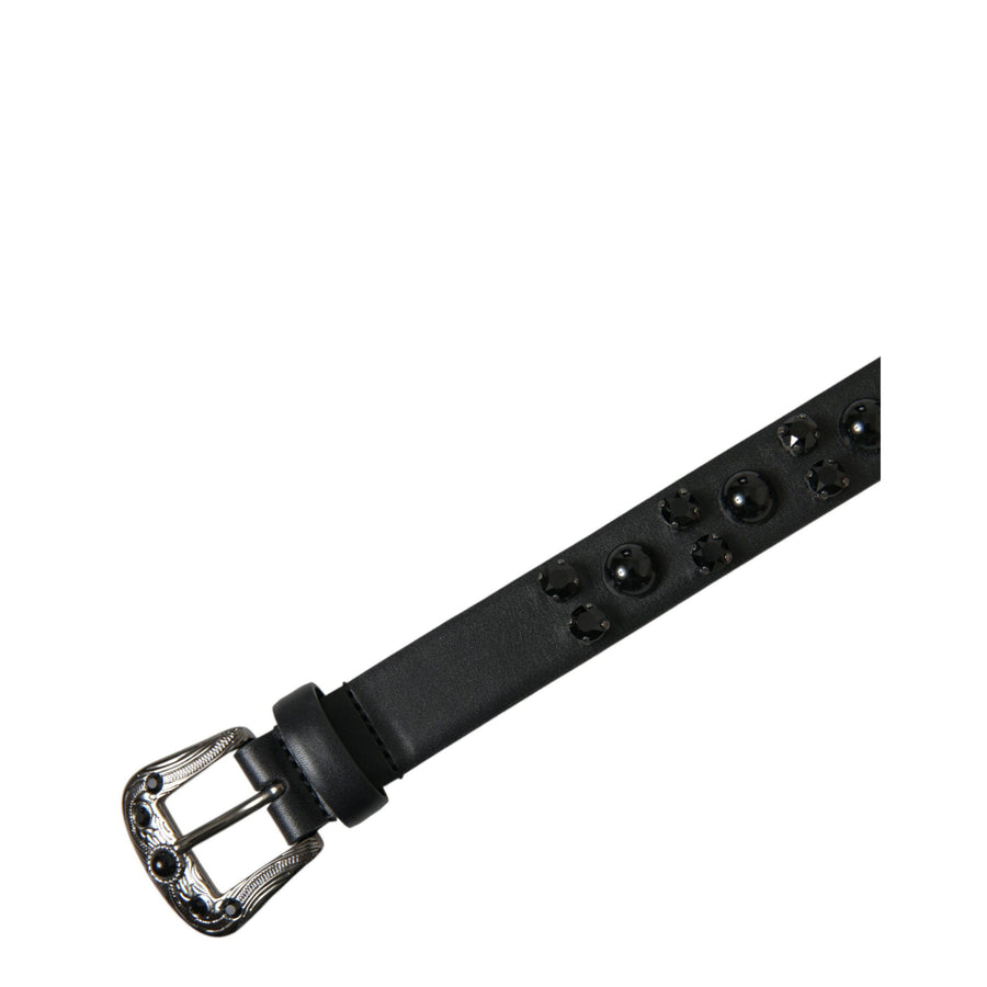 Dolce & Gabbana Black Embellished Leather Engraved Buckle Belt