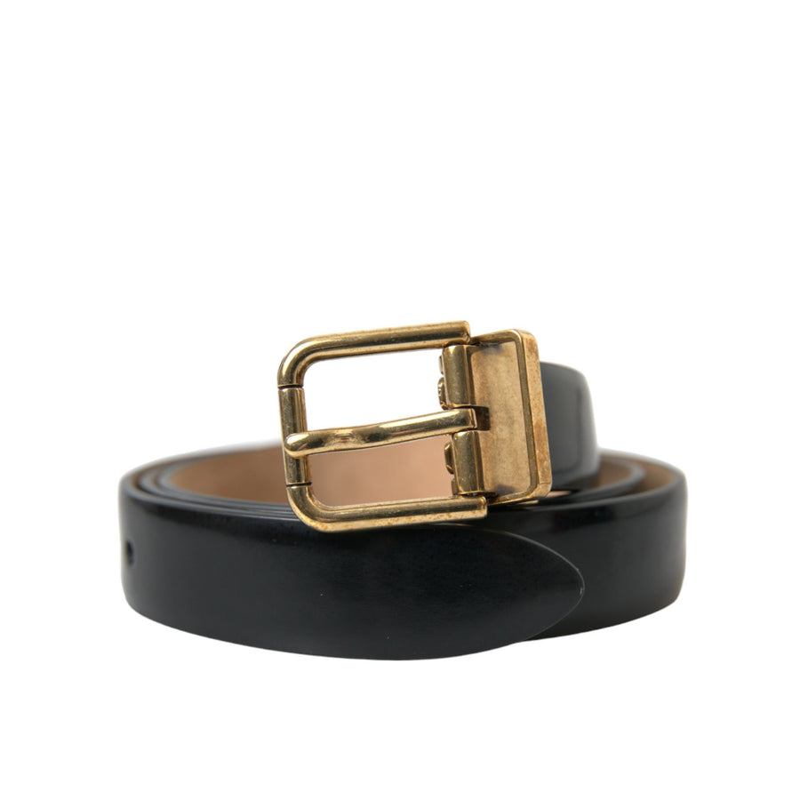 Dolce & Gabbana Black Calf Leather Gold Metal Buckle Belt