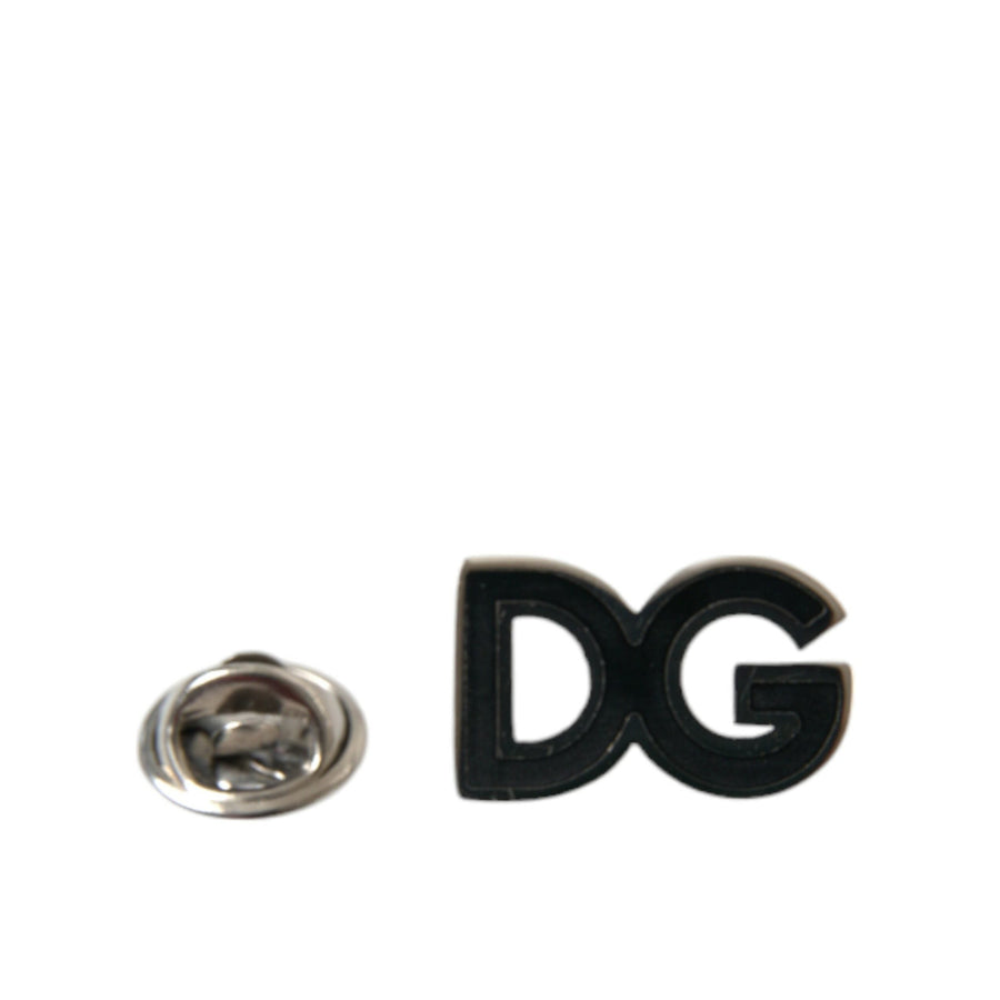 Dolce & Gabbana Black DG Logo Silver Tone Brass Pin Brooch