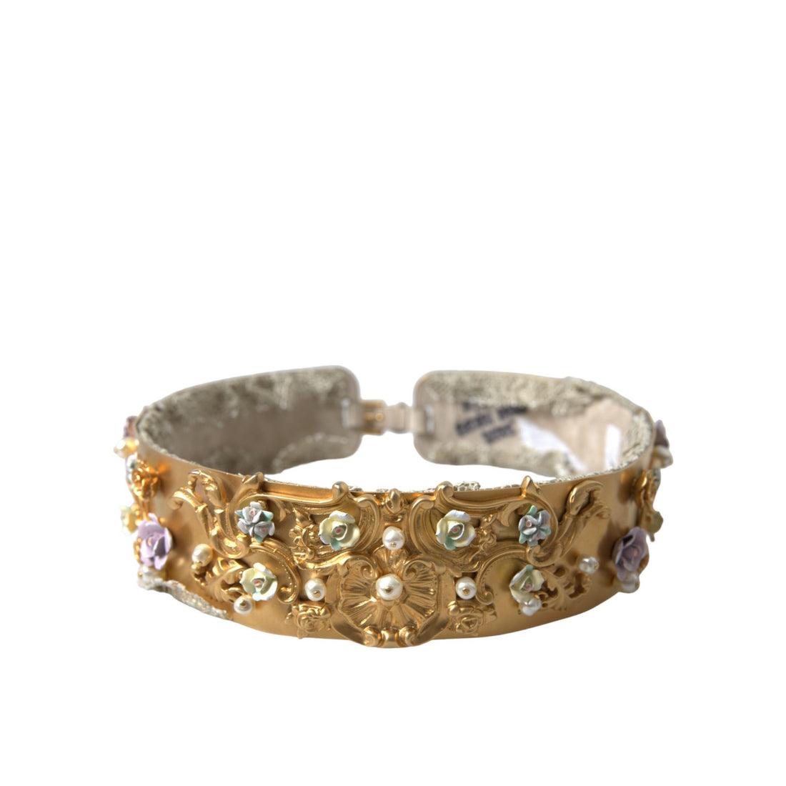 Dolce & Gabbana Gold Brass Faux Pearl Floral Embellished Belt