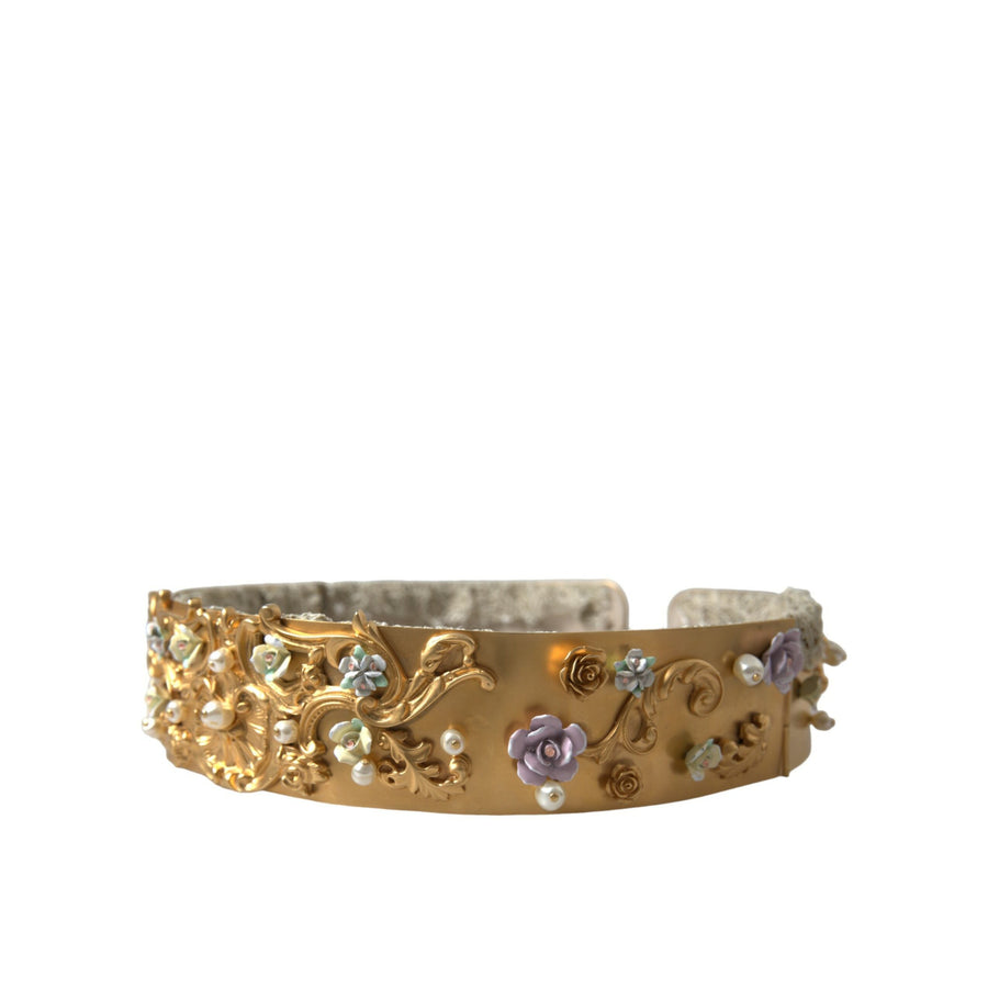 Dolce & Gabbana Gold Brass Faux Pearl Floral Embellished Belt