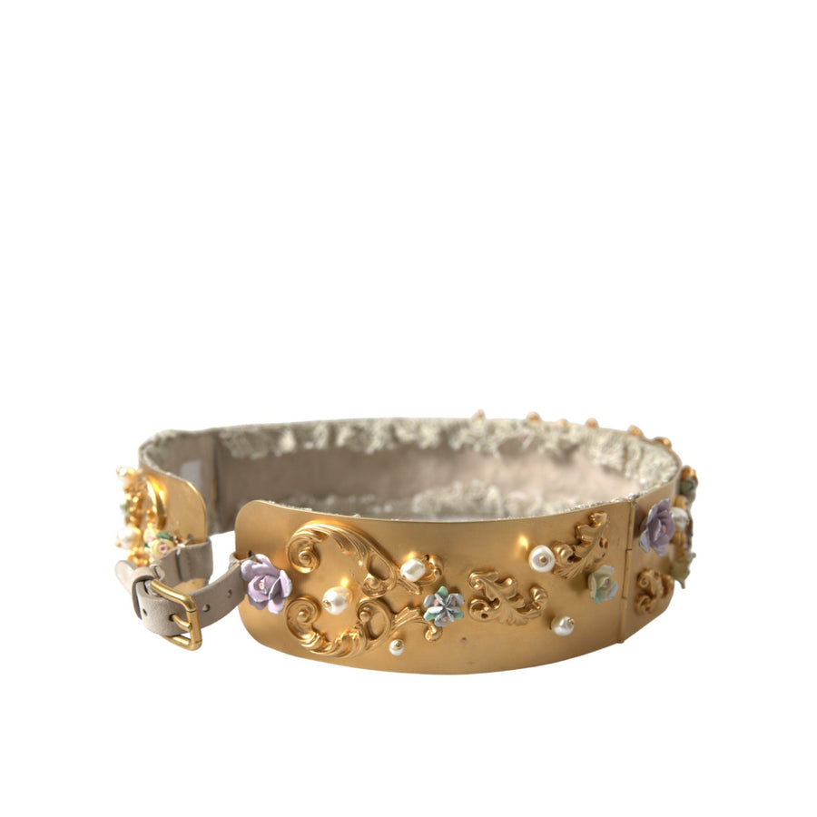 Dolce & Gabbana Gold Brass Faux Pearl Floral Embellished Belt