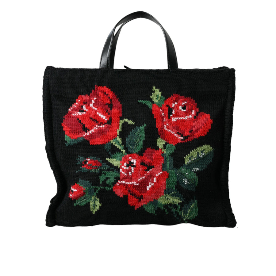 Dolce & Gabbana Black Cashmere Rose Embroidery Shopping Tote Bag