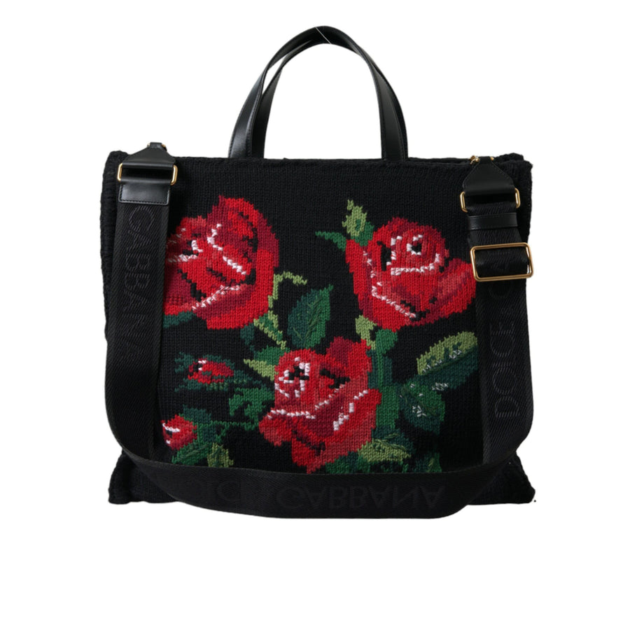 Dolce & Gabbana Black Cashmere Rose Embroidery Shopping Tote Bag