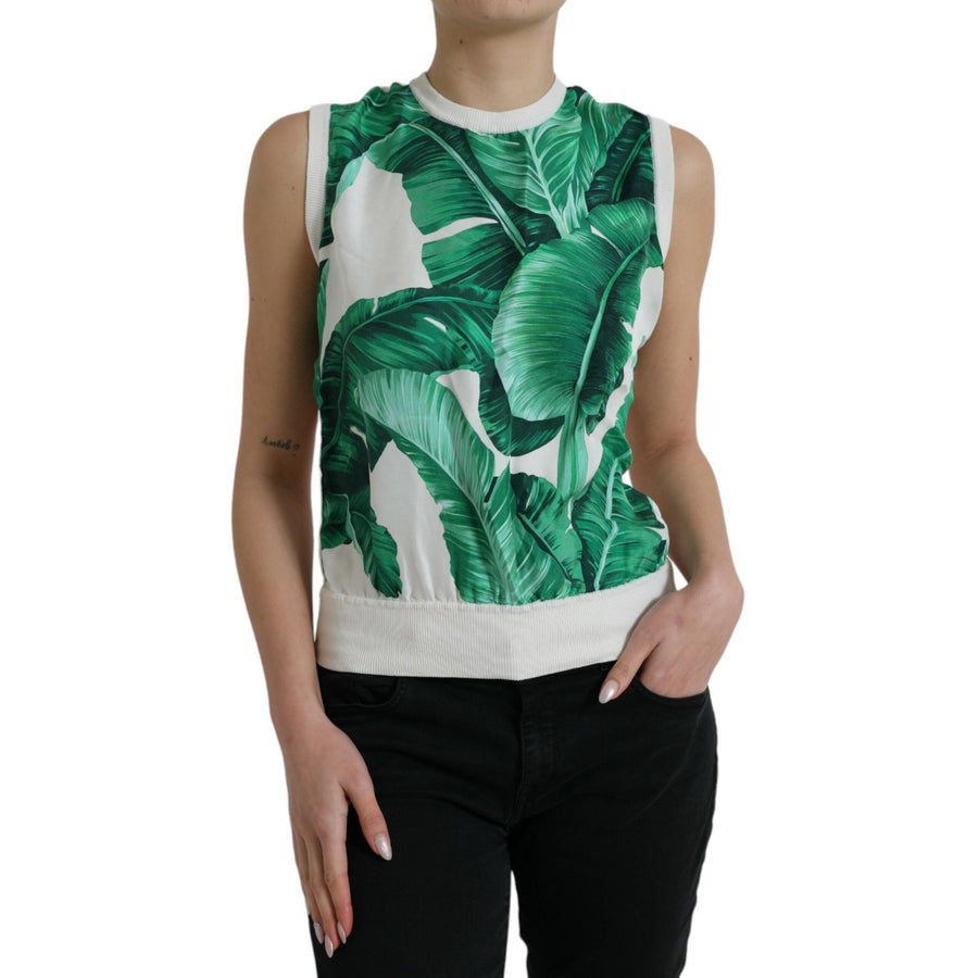 Dolce & Gabbana White Banana Leaf Print Crew Neck Tank Top