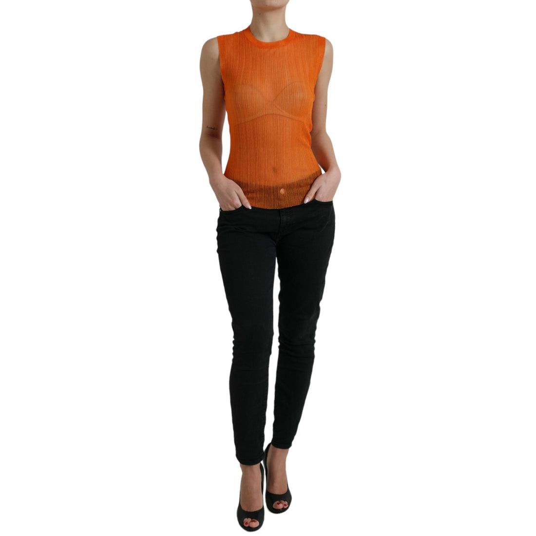 Dolce & Gabbana Orange See Through Crew Neck Blouse Tank Top