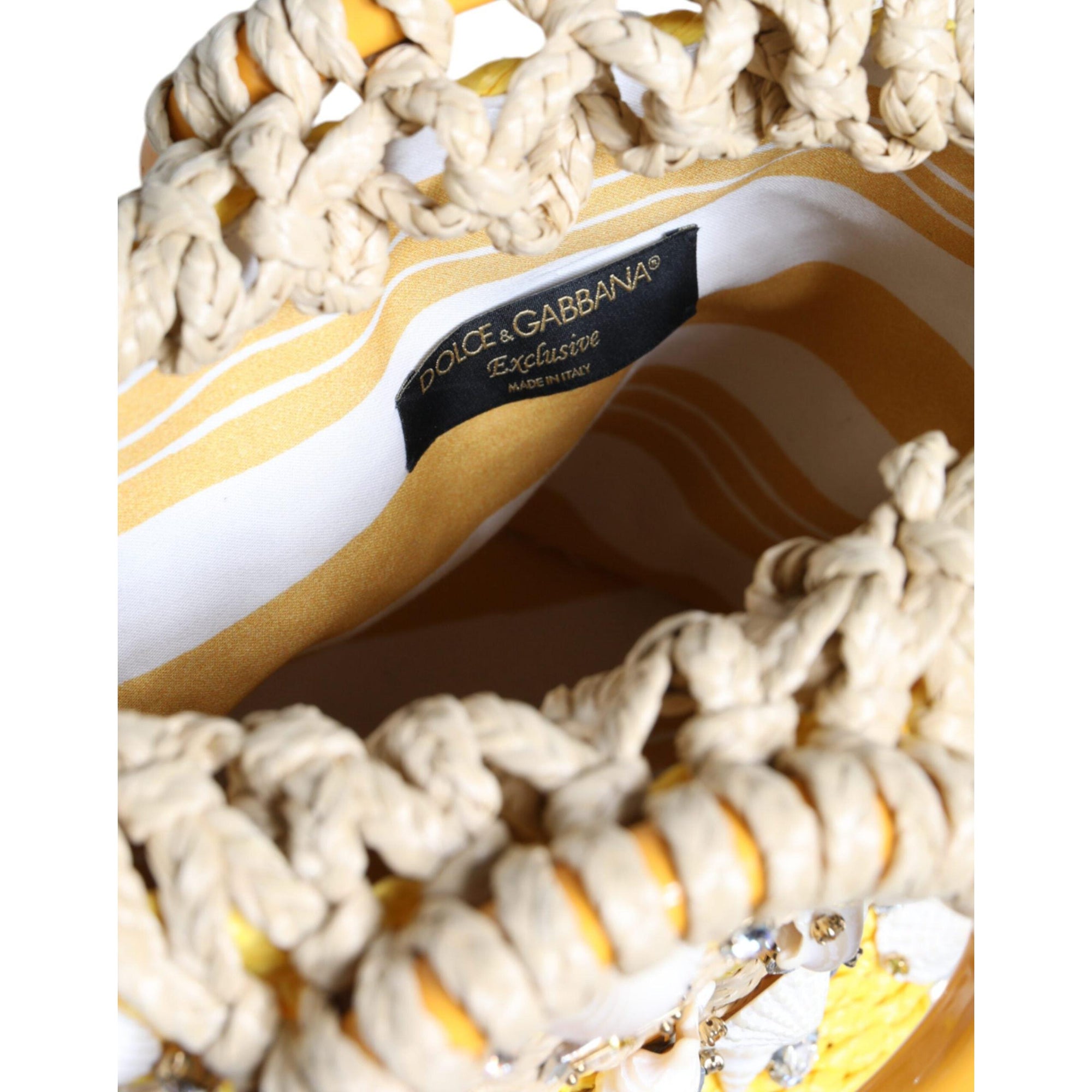 Dolce &amp; Gabbana Beige Yellow Rafia Seashells Crystal Bucket Bag