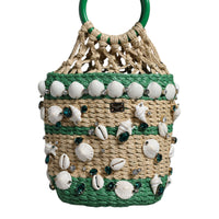 Dolce & Gabbana Beige Green Rafia Seashells Crystal Bucket Bag