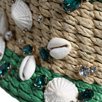 Dolce & Gabbana Beige Green Rafia Seashells Crystal Bucket Bag