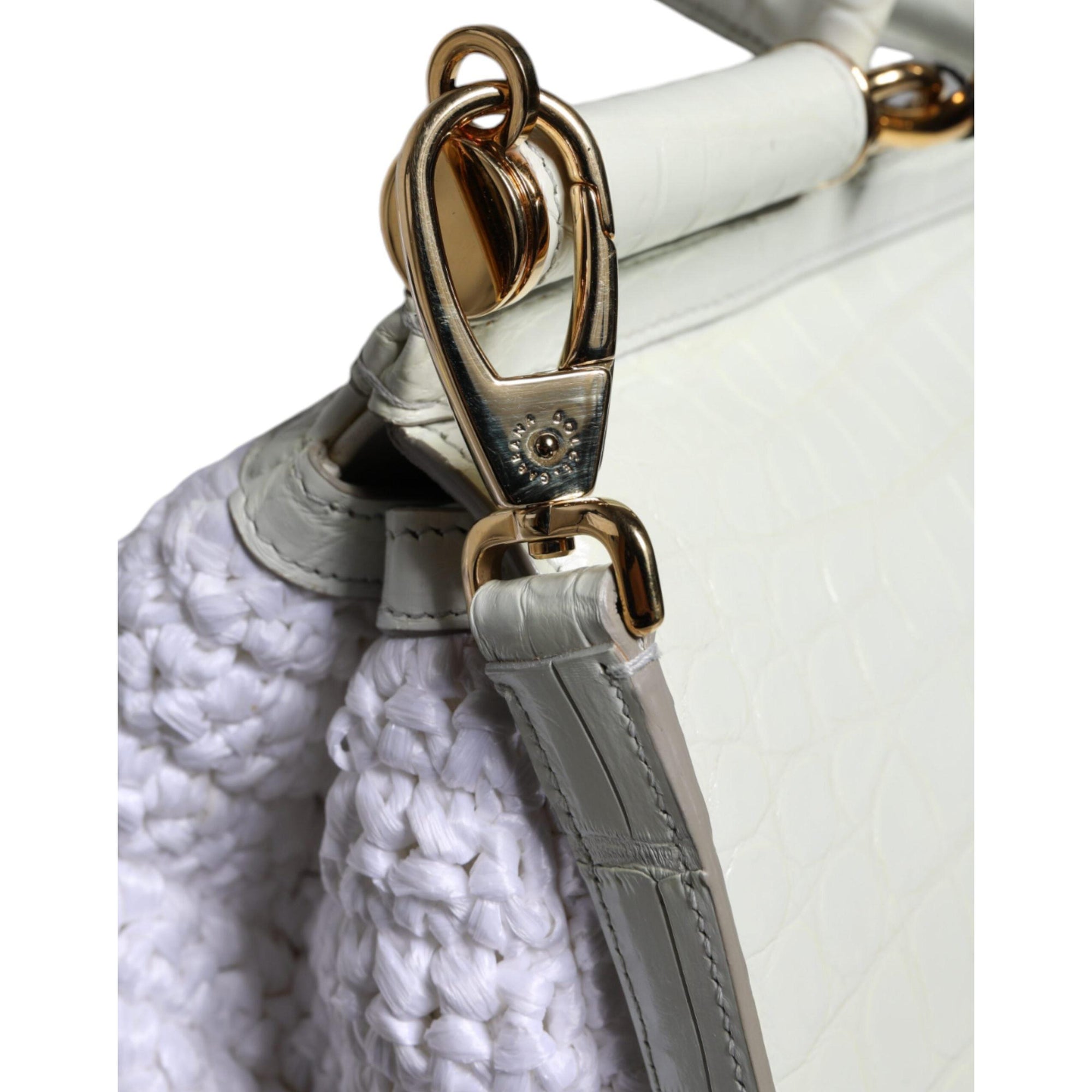 Dolce &amp; Gabbana White Rafia Leather Top Handle Crossbody Bag