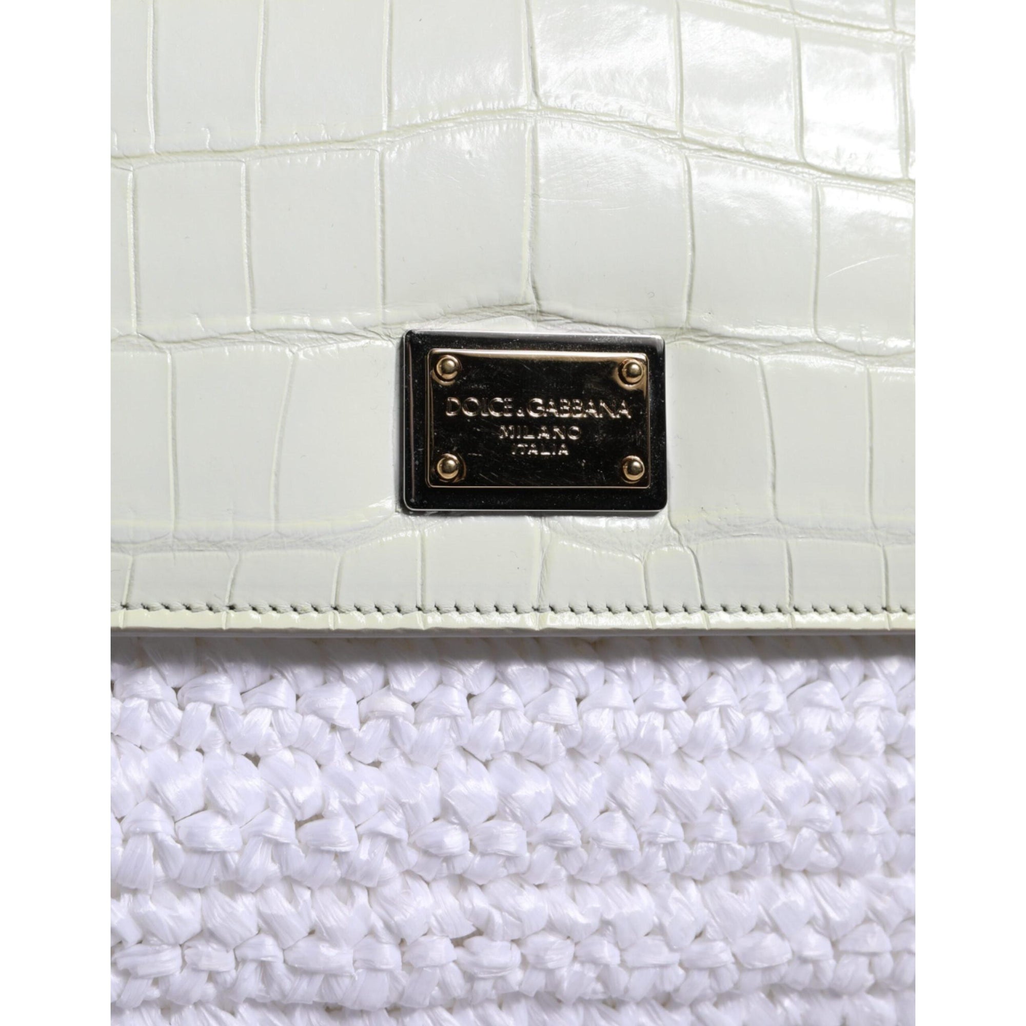 Dolce &amp; Gabbana White Rafia Leather Top Handle Crossbody Bag