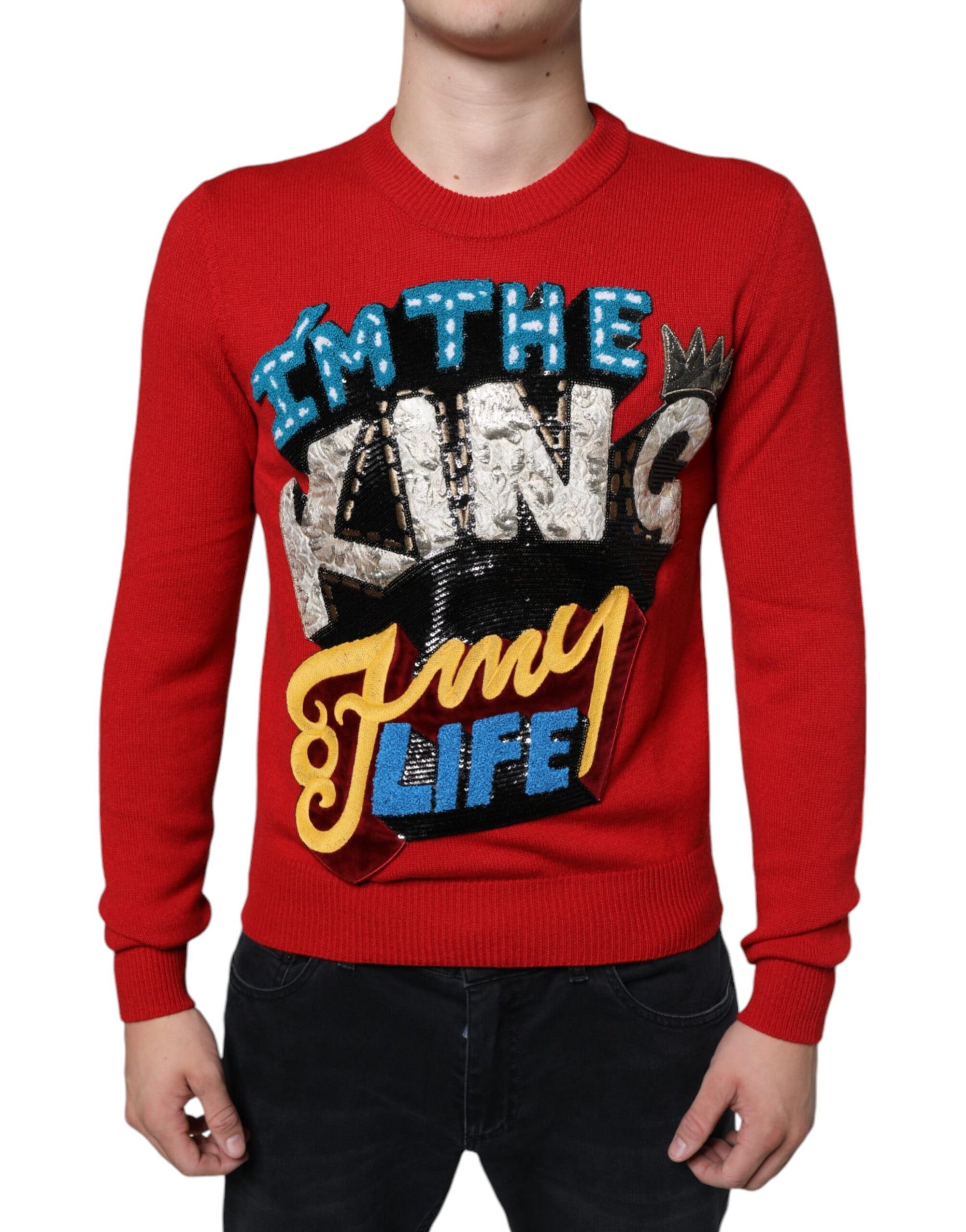 Dolce &amp; Gabbana Red I&#39;m The King Wool Crew Neck Sweatshirt Sweater