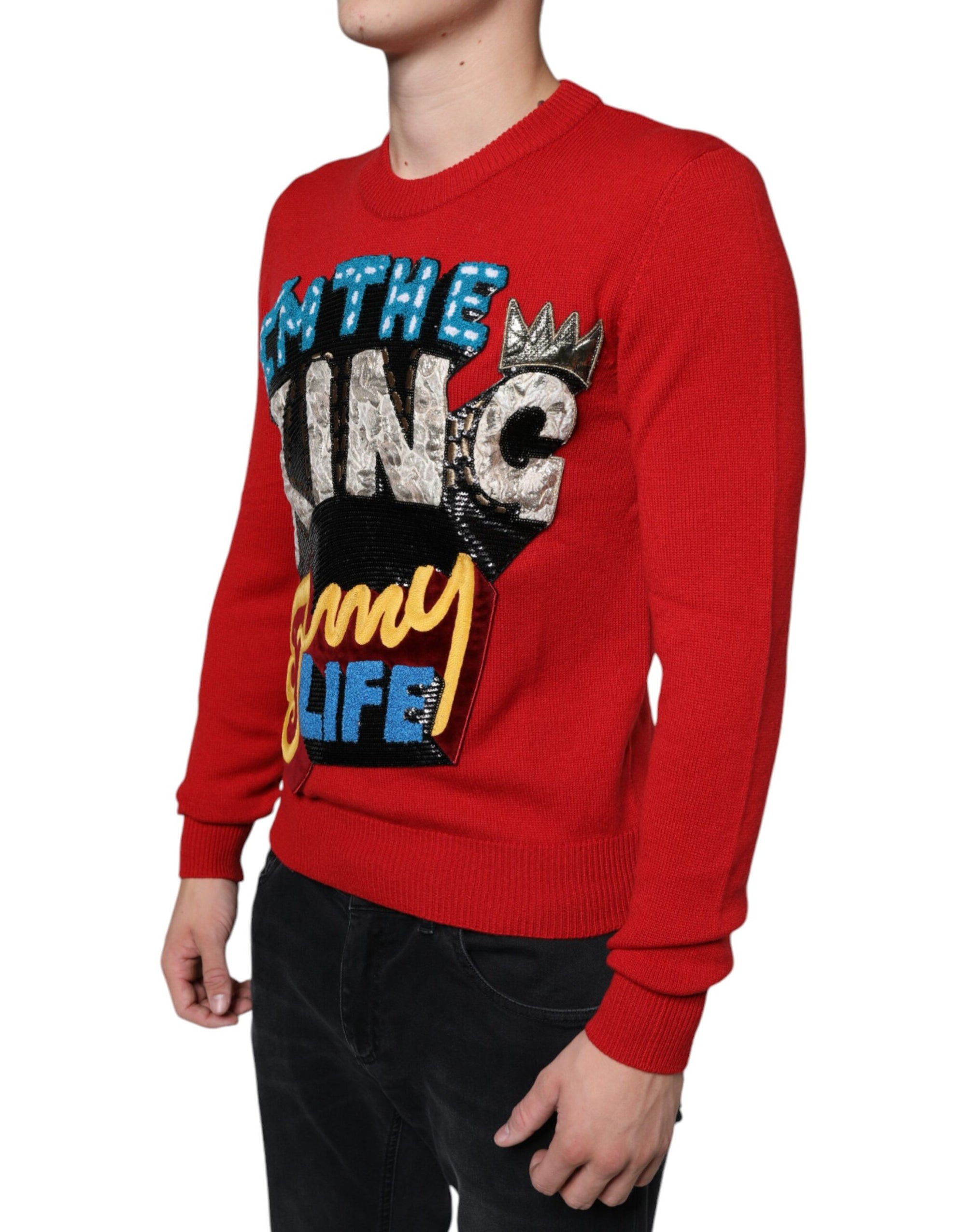 Dolce &amp; Gabbana Red I&#39;m The King Wool Crew Neck Sweatshirt Sweater