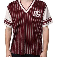 Dolce & Gabbana Maroon Stripes Cotton Logo V-neck T-shirt