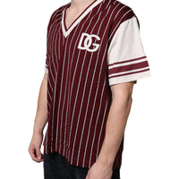 Dolce & Gabbana Maroon Stripes Cotton Logo V-neck T-shirt