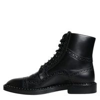 Dolce & Gabbana Black Leather Lace Up Mid Calf Boots Shoes