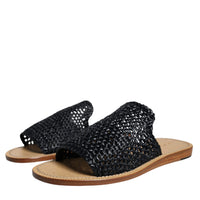 Dolce & Gabbana Black Monochrome Braided Raffia Slides Shoes