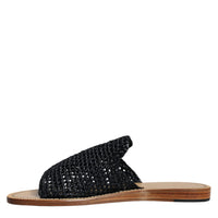 Dolce & Gabbana Black Monochrome Braided Raffia Slides Shoes