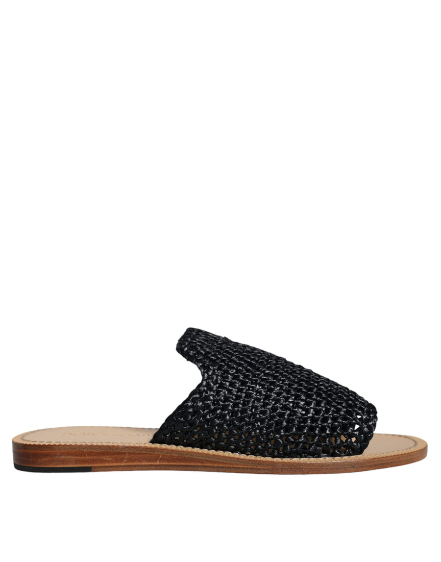 Dolce & Gabbana Black Monochrome Braided Raffia Slides Shoes