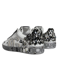 Dolce & Gabbana White Silver Crystal Logo Portofino Sneakers Shoes