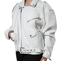 Dolce & Gabbana White Lambskin Leather Biker Coat Jacket