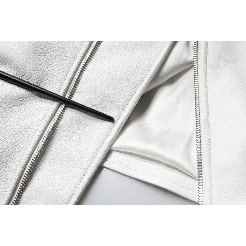 Dolce &amp; Gabbana White Lambskin Leather Biker Coat Jacket