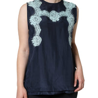 Dolce & Gabbana Blue Floral Lace Silk Sleeveless Tank Top