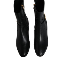 Dolce & Gabbana Black Leather Logo Mid Calf Boots Shoes