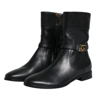 Dolce & Gabbana Black Leather Logo Mid Calf Boots Shoes