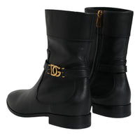 Dolce & Gabbana Black Leather Logo Mid Calf Boots Shoes