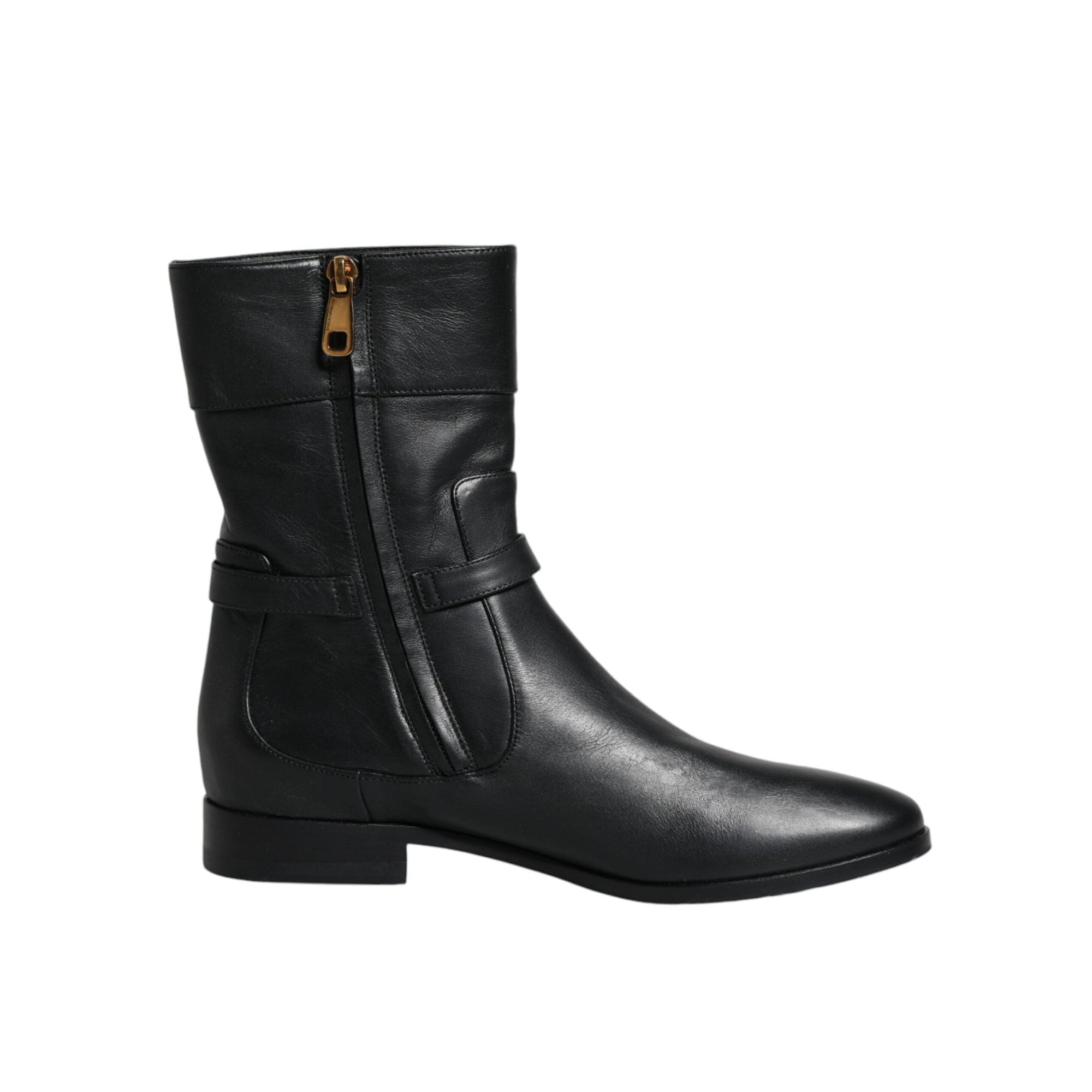 Dolce &amp; Gabbana Black Leather Logo Mid Calf Boots Shoes