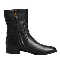 Dolce & Gabbana Black Leather Logo Mid Calf Boots Shoes