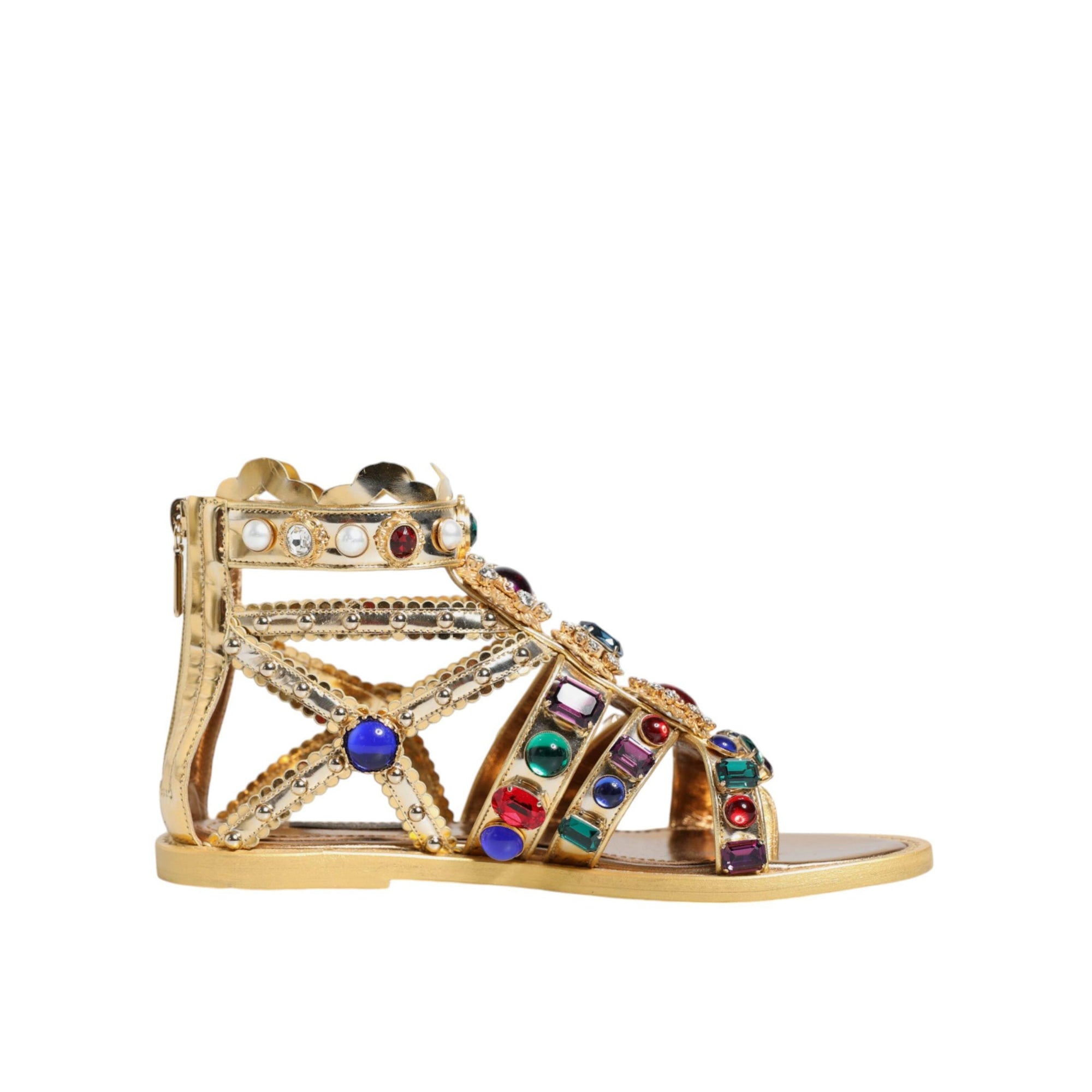Dolce &amp; Gabbana Gold Leather Crystal Gladiator Sandals Flats Shoes