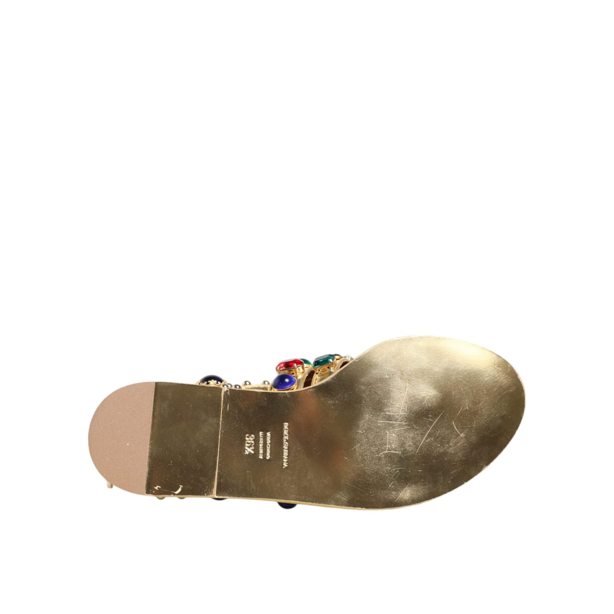 Dolce &amp; Gabbana Gold Leather Crystal Gladiator Sandals Flats Shoes