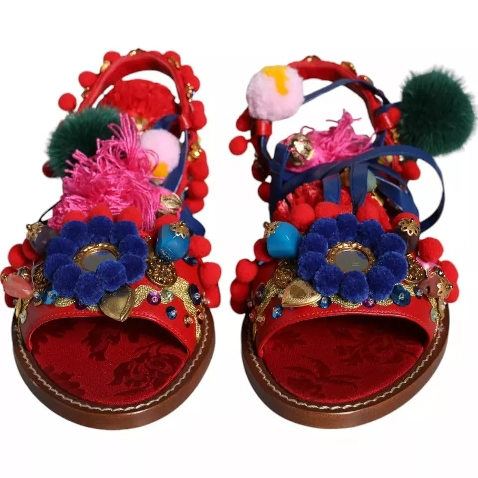 Dolce & Gabbana Multicolor Pom Pom Fur Wrap Sandals Shoes