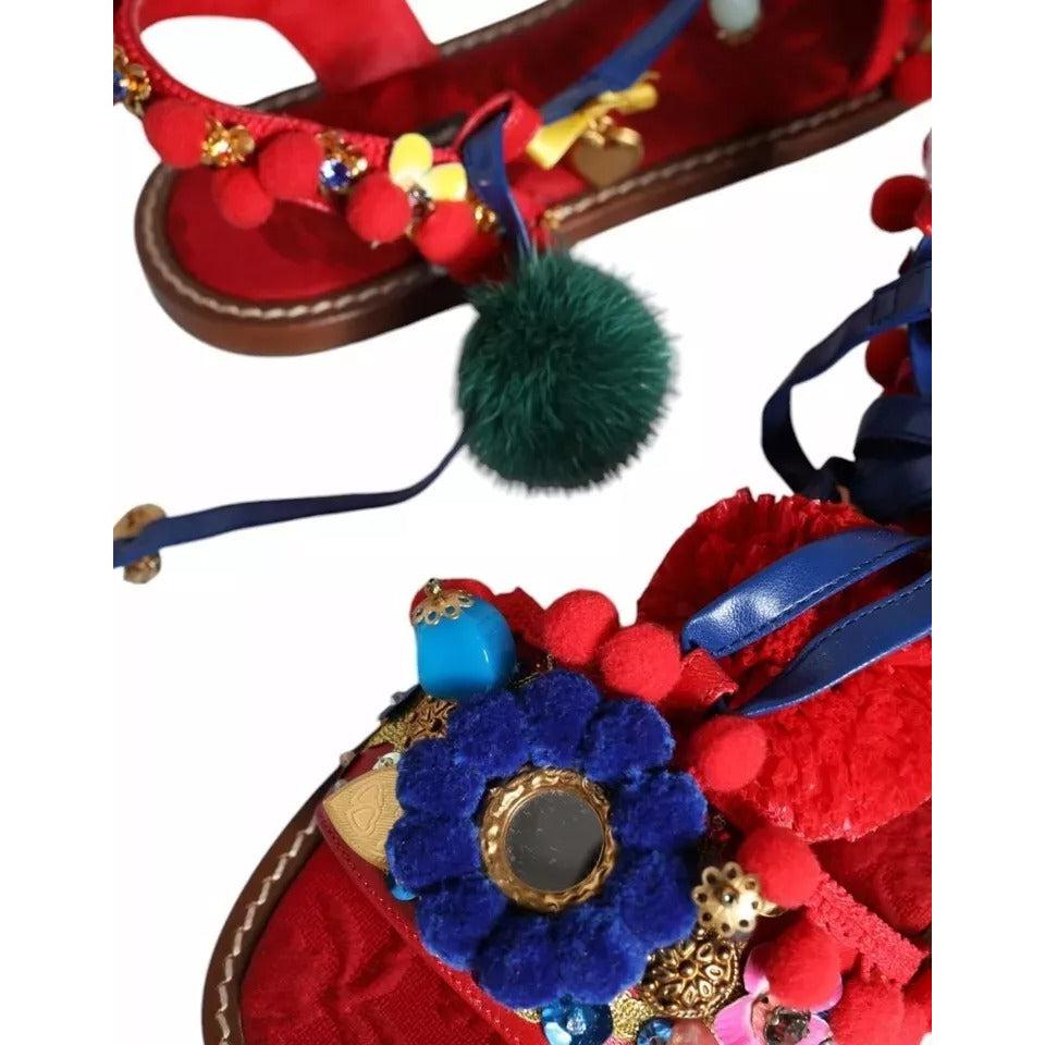 Dolce &amp; Gabbana Multicolor Pom Pom Fur Wrap Sandals Shoes