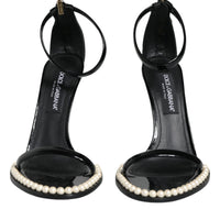 Dolce & Gabbana Black Keira Leather Faux Pearl Sandals Heels Shoes