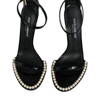 Dolce & Gabbana Black Keira Leather Faux Pearl Sandals Heels Shoes