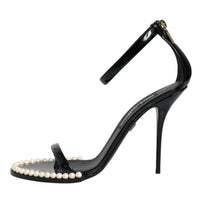 Dolce & Gabbana Black Keira Leather Faux Pearl Sandals Heels Shoes