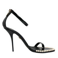 Dolce & Gabbana Black Keira Leather Faux Pearl Sandals Heels Shoes