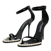 Dolce & Gabbana Black Keira Leather Faux Pearl Sandals Heels Shoes