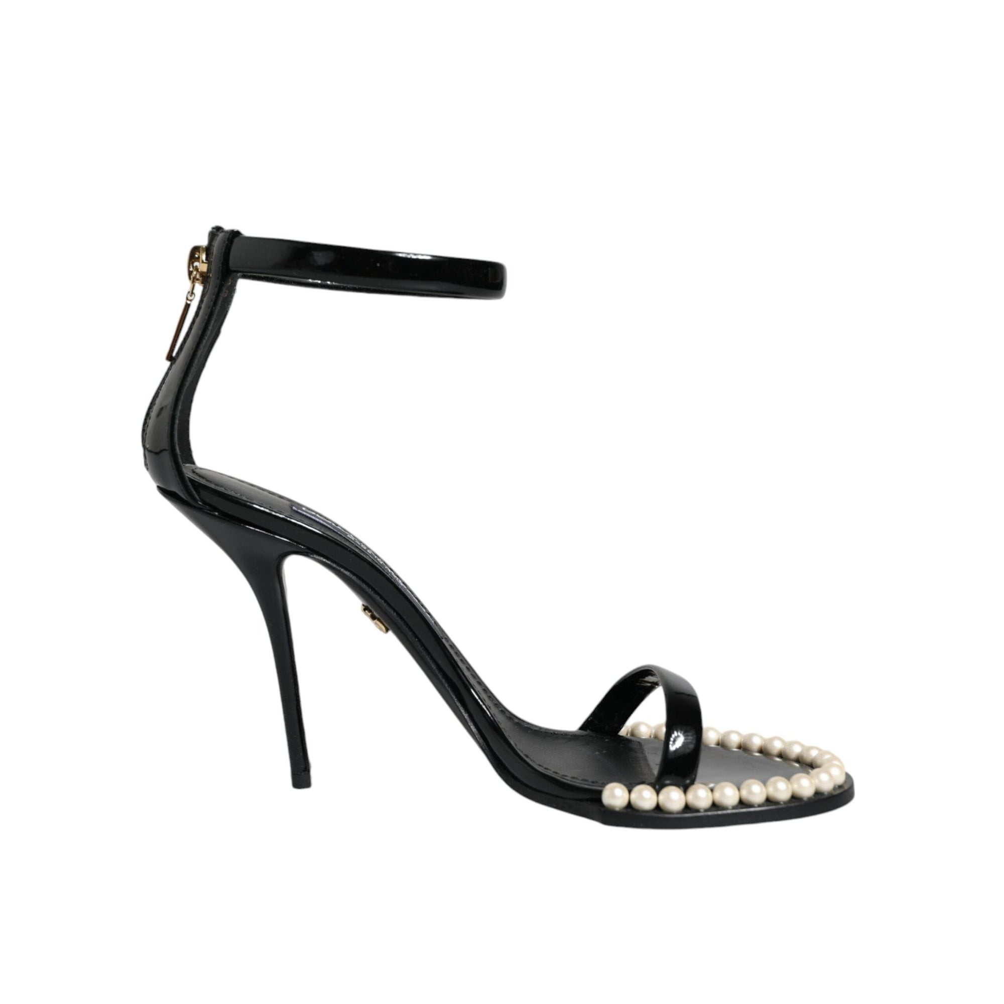 Dolce &amp; Gabbana Black Keira Leather Faux Pearl Sandals Heels Shoes