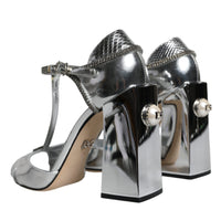 Dolce & Gabbana Silver Leather T-strap Heels Sandals Shoes