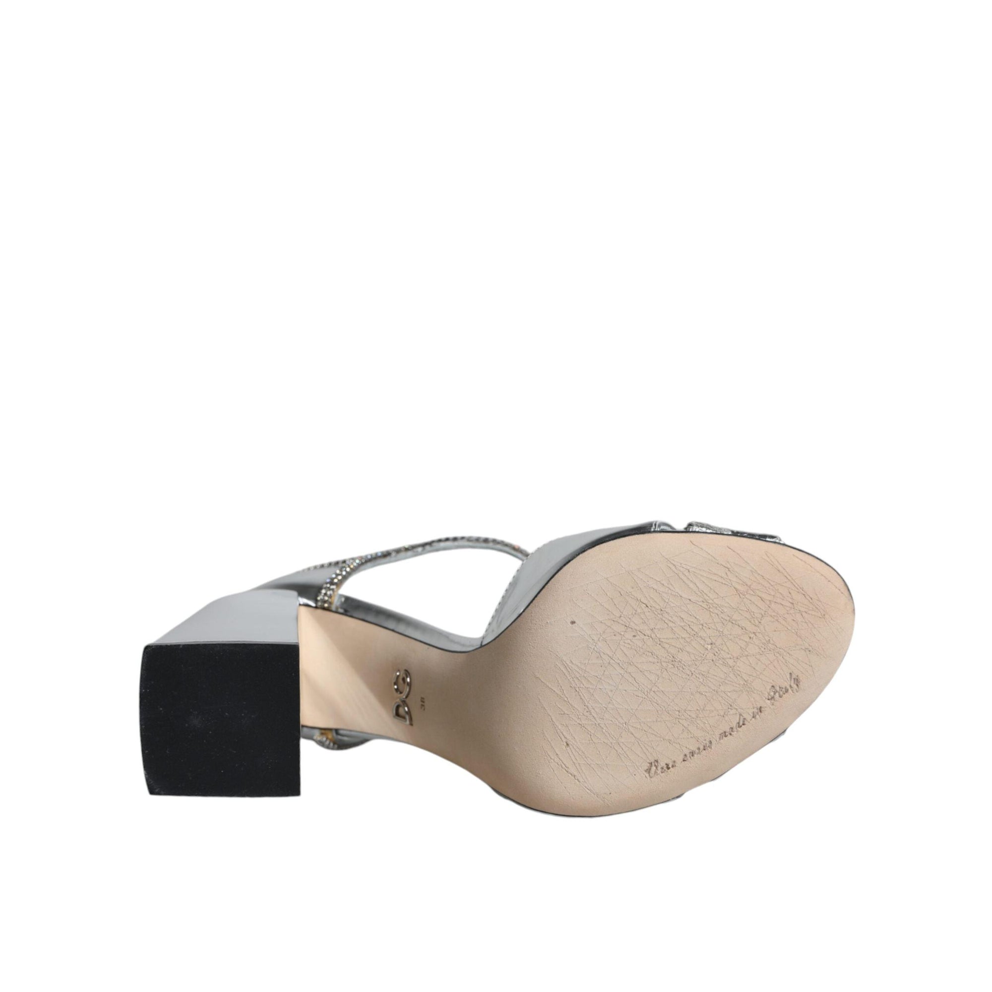 Dolce &amp; Gabbana Silver Leather T-strap Heels Sandals Shoes