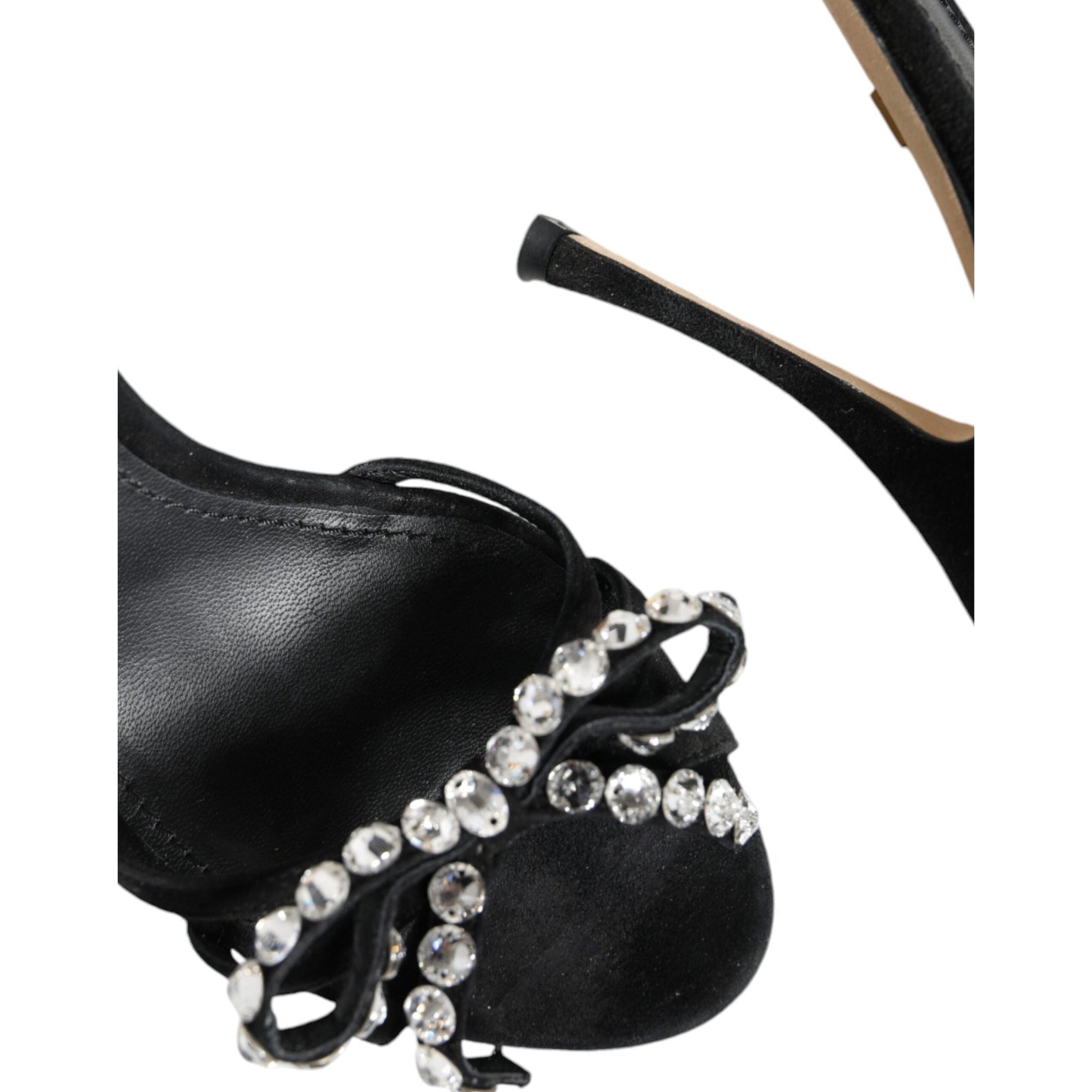 Dolce &amp; Gabbana Black Leather Crystal Bow Heels Sandals Shoes