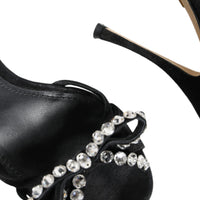 Dolce & Gabbana Black Leather Crystal Bow Heels Sandals Shoes